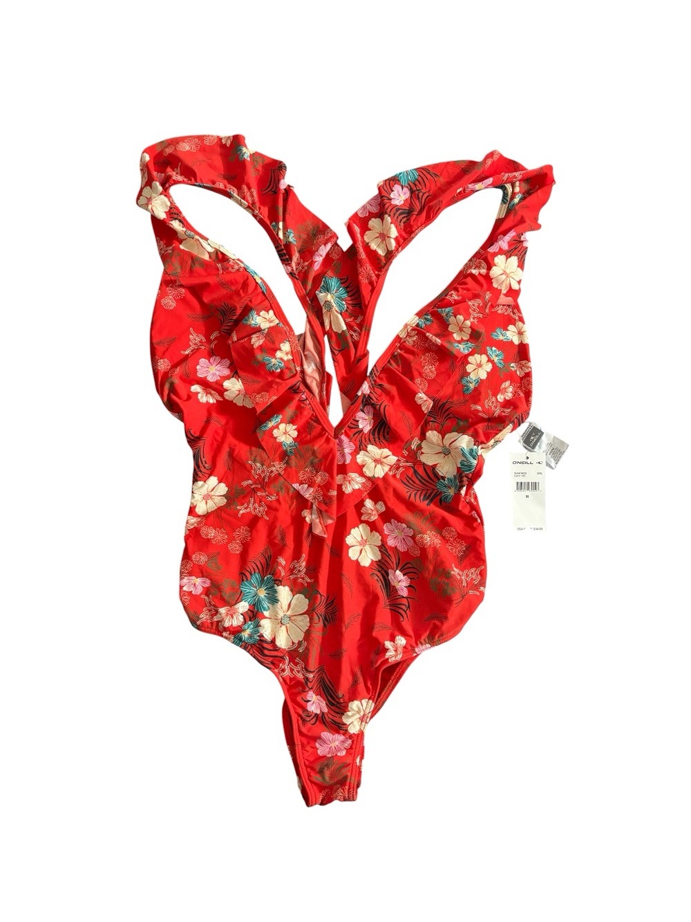 O'Neill New With Tags Red Floral One-Piece Swimsuit with Black Accents